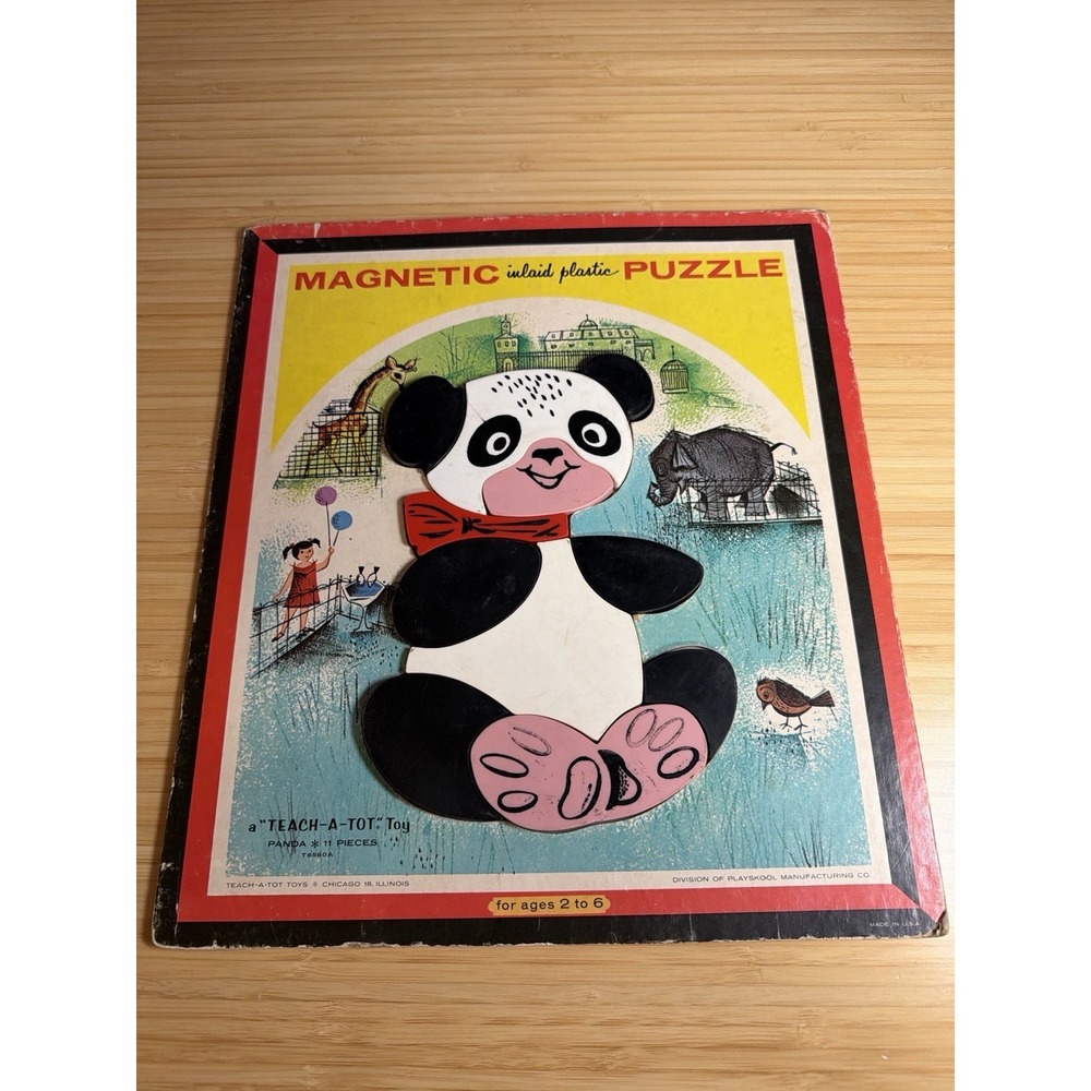 Vintage Teach-A-Tot Panda Magnetic Puzzle Playskool 11 Pc Inlaid Plastic Toy